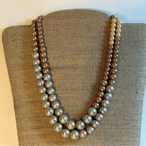 Gold Silver cream neutral double strand pearl Beaded Necklace adjustable - Picture 8 of 8